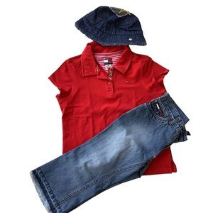 Tommy Hilfiger 3 piece top, jean capris and hat set. Sizes medium, 8.